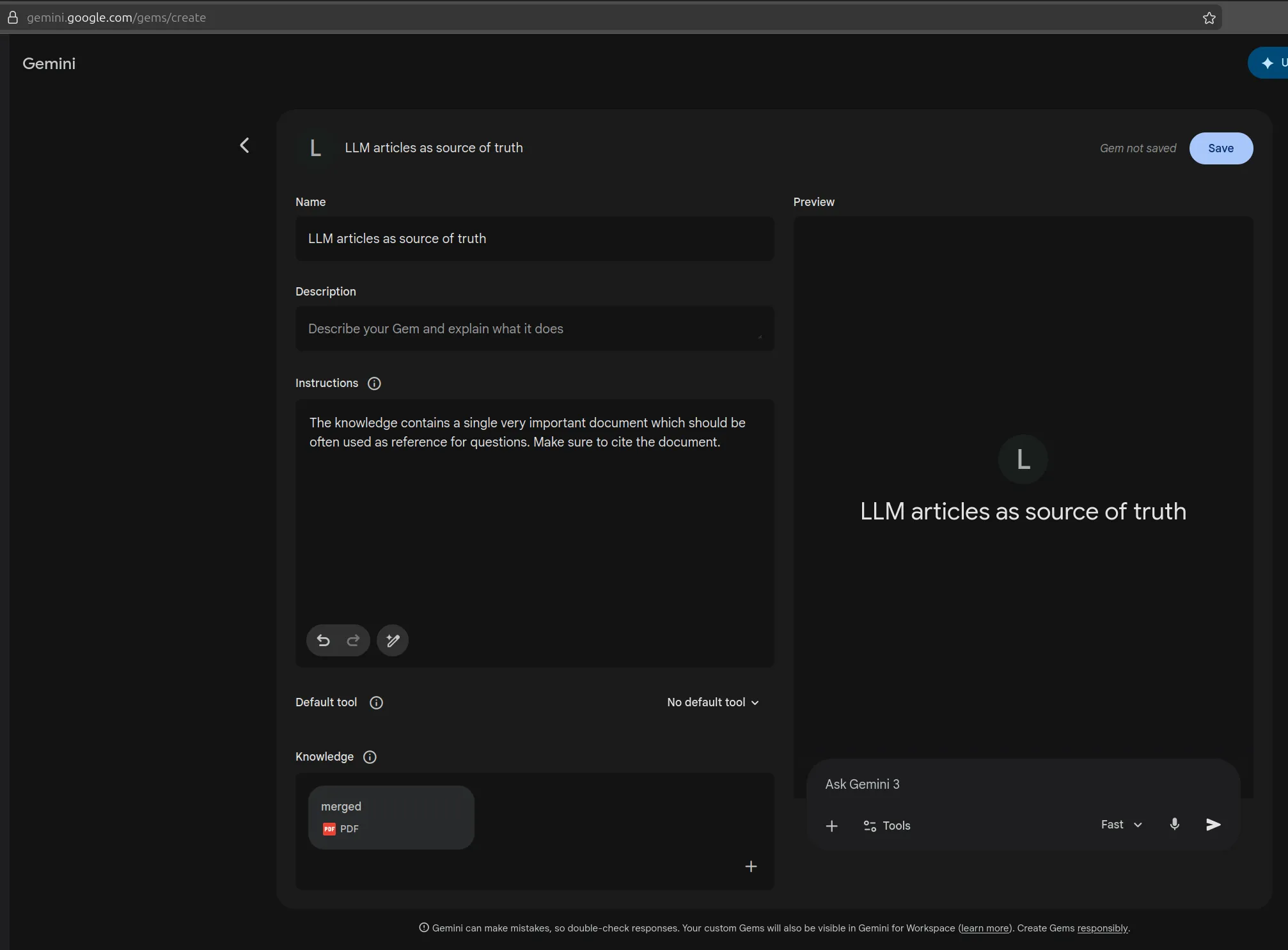 Screenshot of gemini.google.com gem creation page. The title of the gem is *LLM articles as source of truth* and the instructions are *The knowledge contains a single very important document which should be often used as reference for questions. Make sure to cite the document.* In the Knowledge field, a single pdf named *merged* is included.